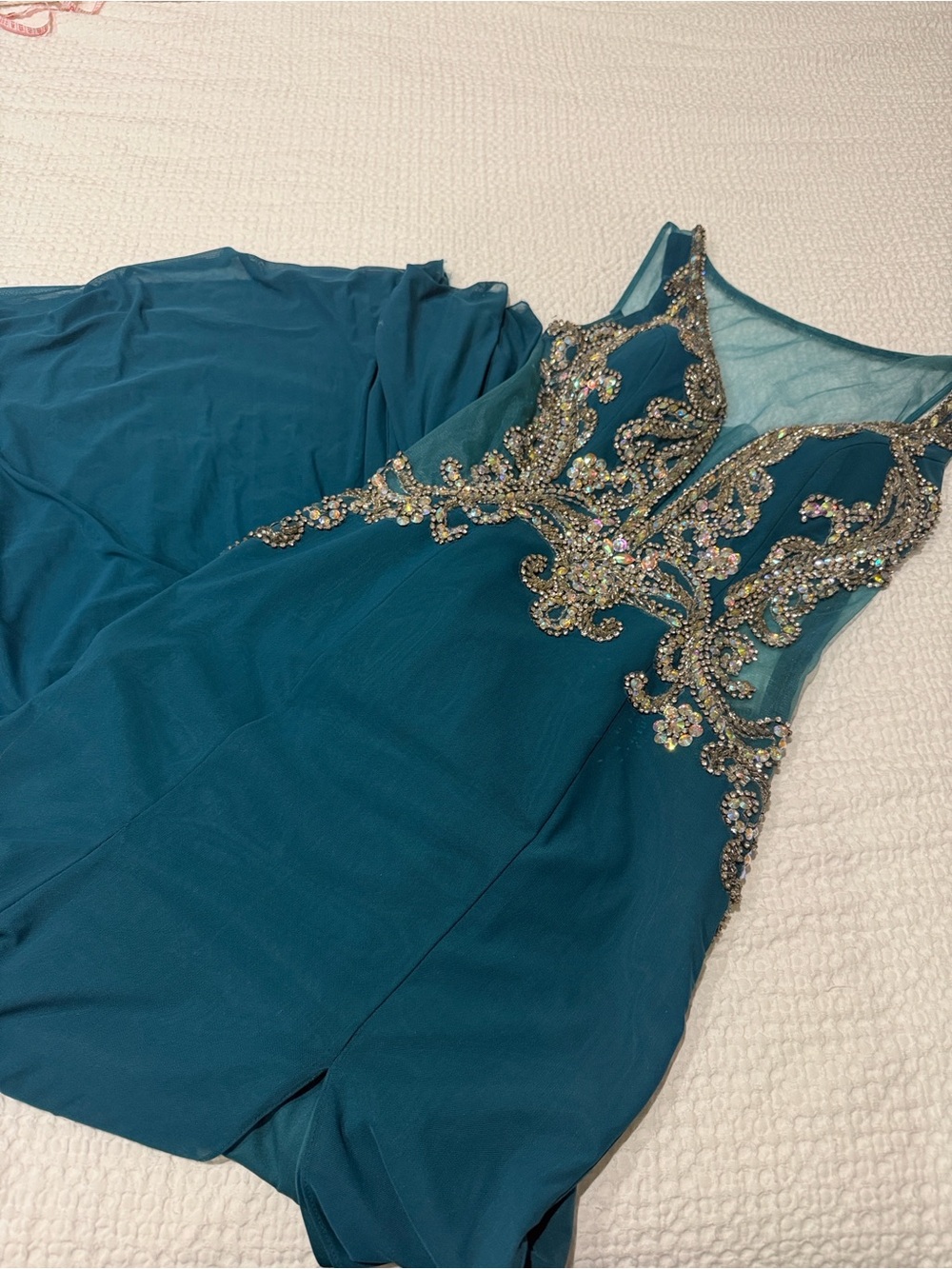 Teal Beaded Illusion Bodice Evening Gown